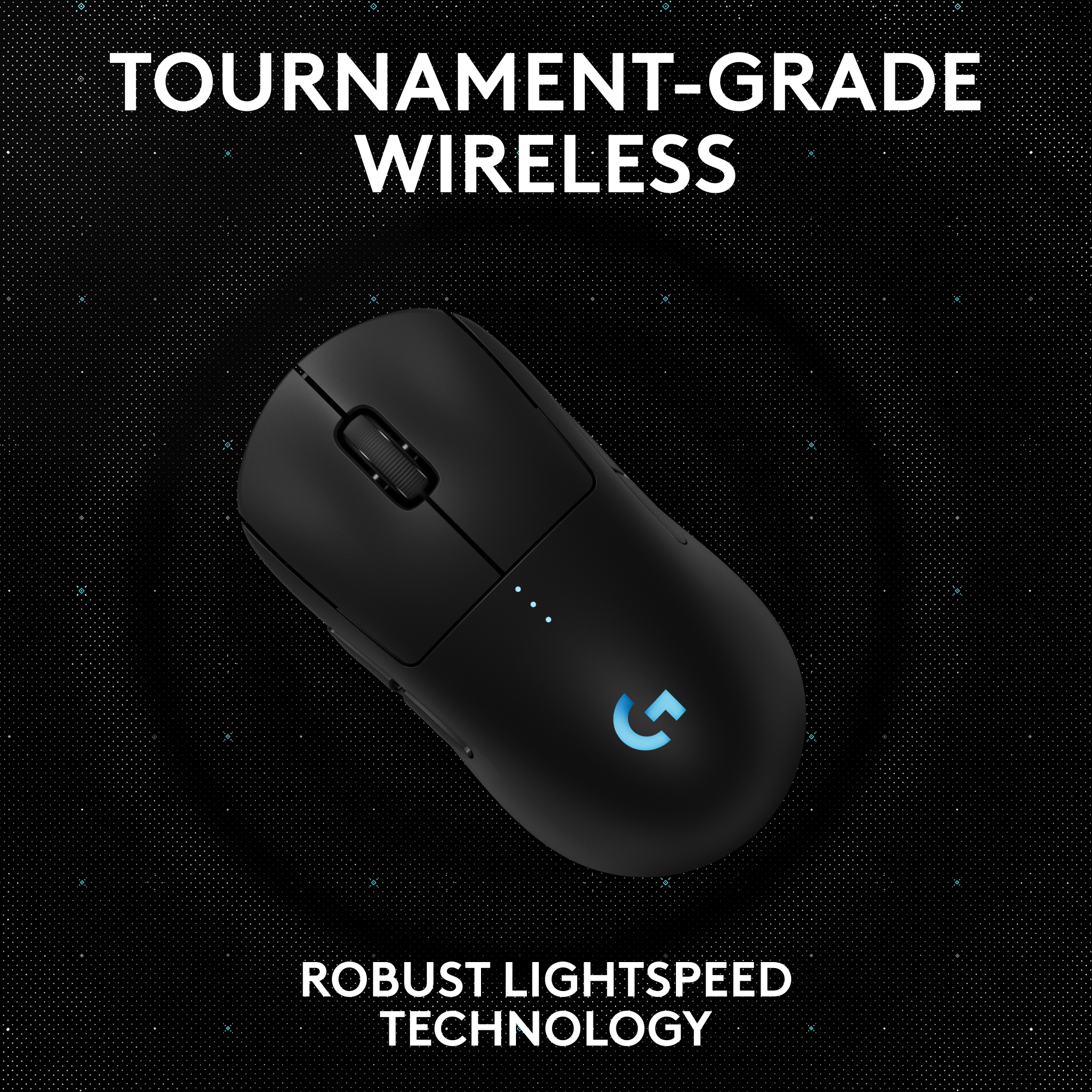 Schwarze Gaming-Maus mit dem Logitech G-Logo. Das Bild zeigt eine Draufsicht auf einer schwarzen Oberfläche.
