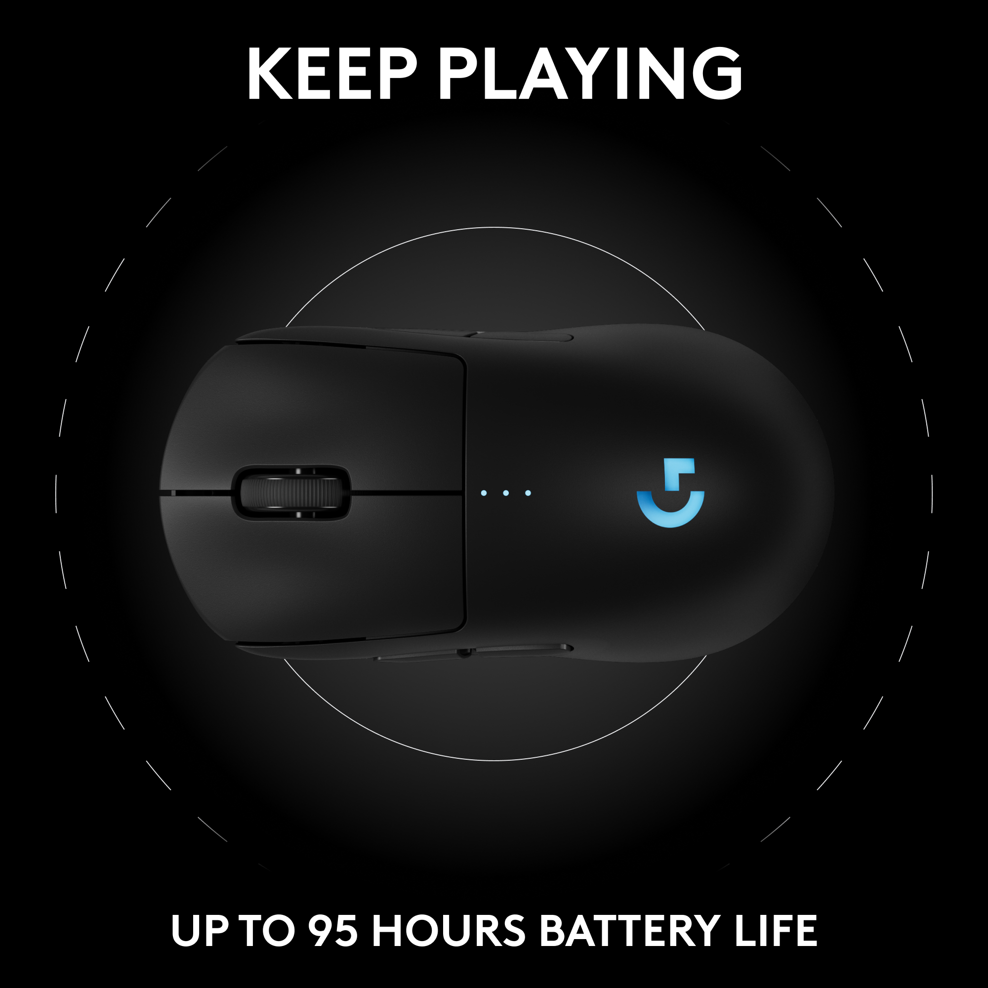 Schwarze kabellose Gaming-Maus mit dem Text "KEEP PLAYING" und "UP TO 95 HOURS BATTERY LIFE" auf schwarzem Hintergrund.
