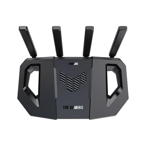 Enrutador ASUS TUF Gaming negro con cuatro antenas sobre fondo blanco.