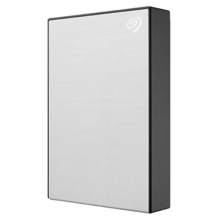 Disque dur externe argenté et noir avec le logo Seagate.
