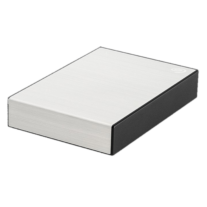 Disque dur externe argenté et noir sur fond blanc.