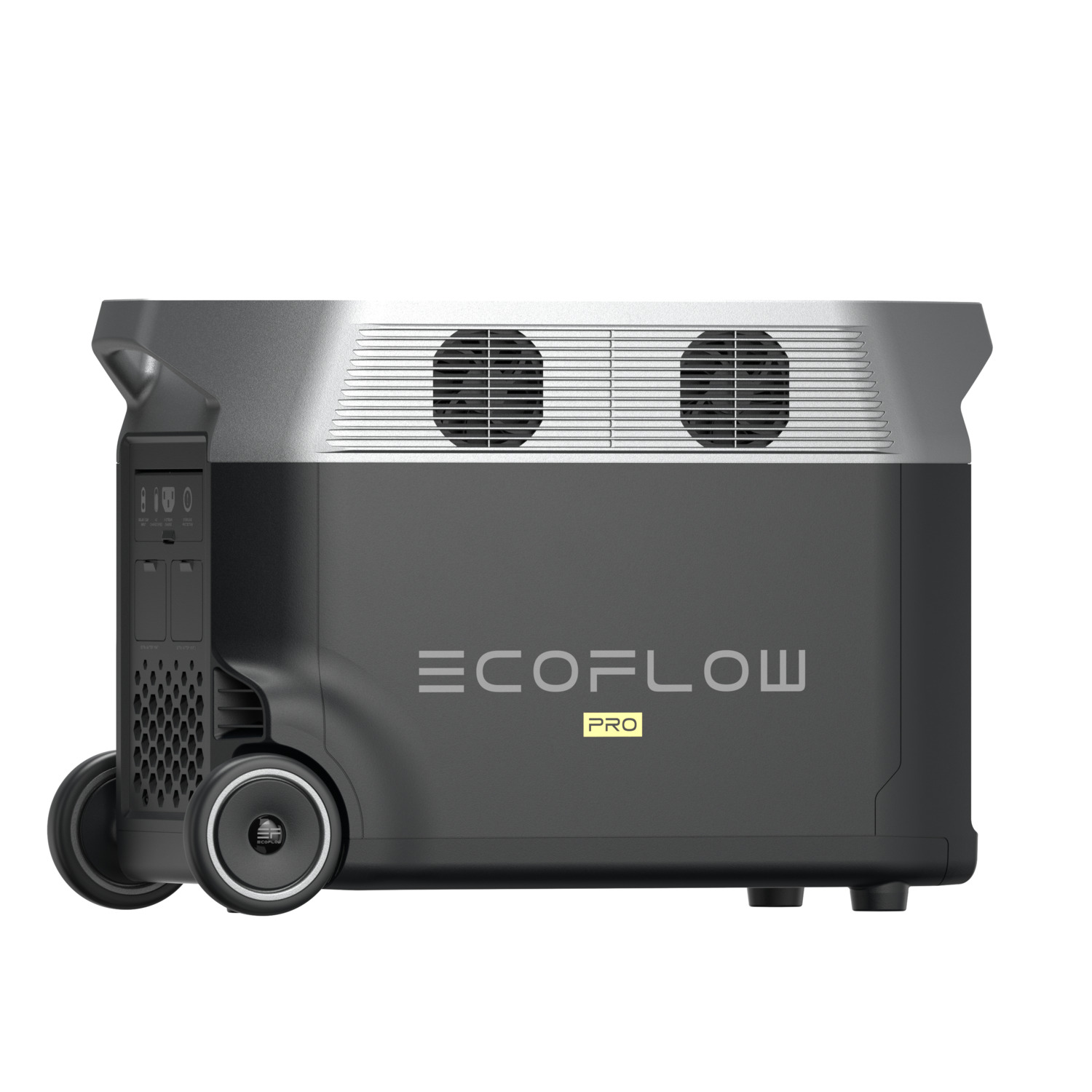 Centrale électrique portable noire et grise, avec roues et grilles d'aération. Logo ECOFLOW PRO.