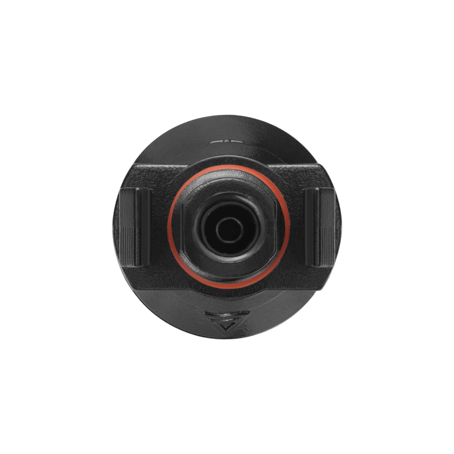 Black circular object with a central hole and an orange ring.