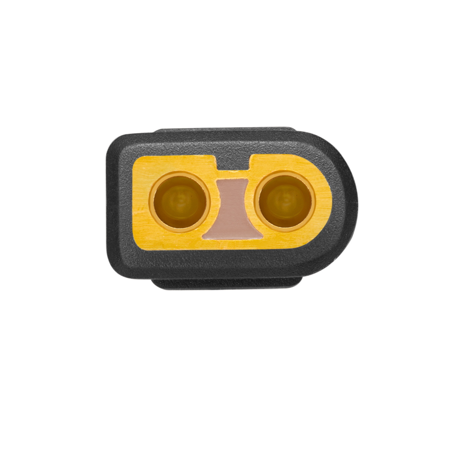 Close-up of a yellow connector with two round holes. Black outer casing.