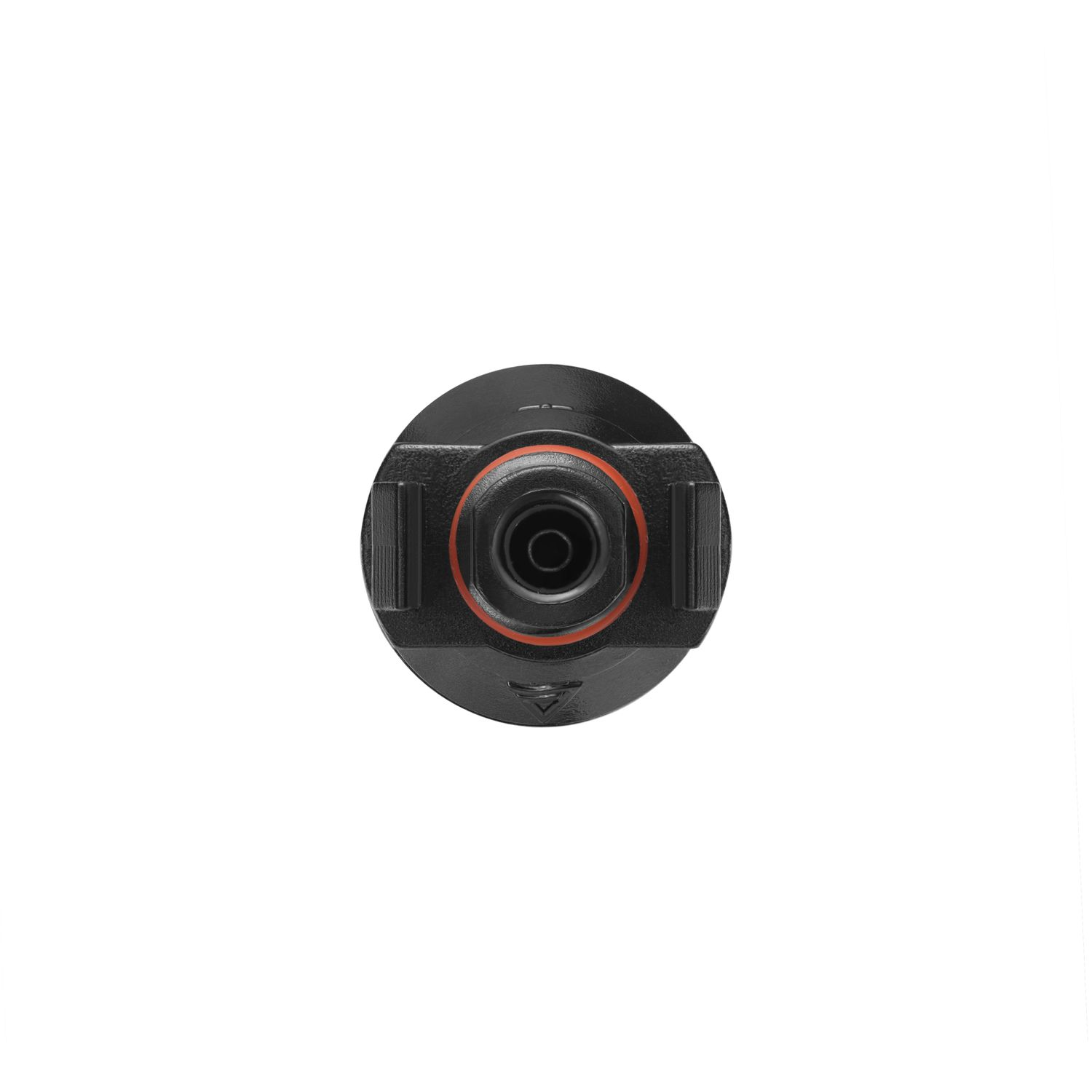 A black connector with a red ring inside, top view, on white background.