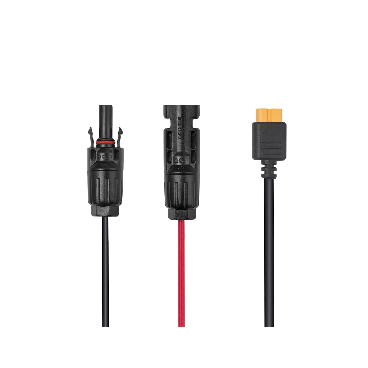 Three black cables with connectors. One is red and the other two are black.