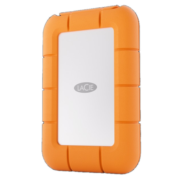 Orange rugged hard drive with a white center and the word LACIE.