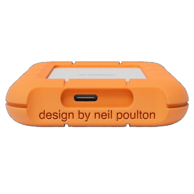 Orange rugged external hard drive with USB port. Text reads 'design by neil poulton'.