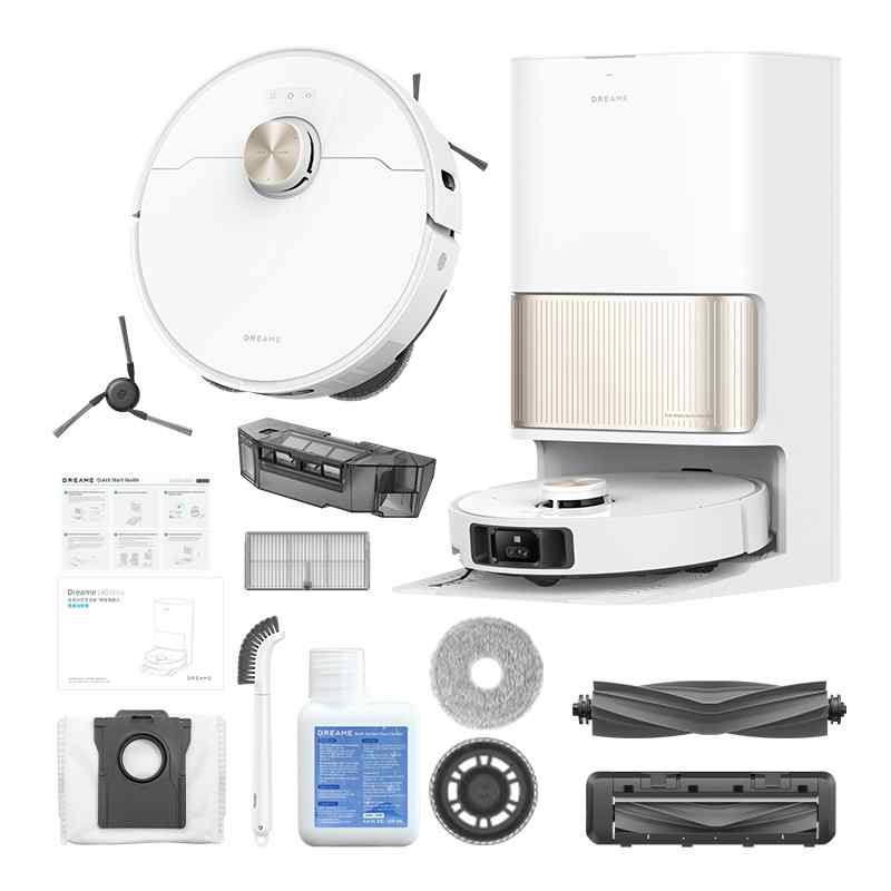 Biały odkurzacz automatyczny z akcesoriami. Zawiera płyn do czyszczenia, szczotki i różne inne elementy.