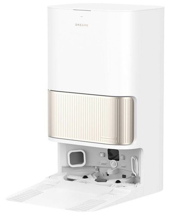 Biało-złota stacja bazowa robota sprzątającego z otwartą komorą.