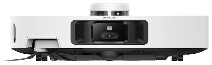 Biały robot odkurzający z czarnym systemem kamer i czarną podstawą. Znajduje się na białej powierzchni.