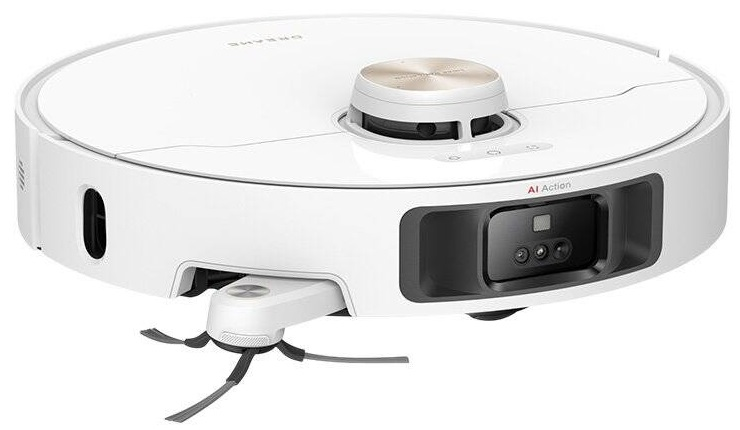 Biały odkurzacz robot z okrągłą konstrukcją i czarnym przodem, pokazujący funkcję AI Action.