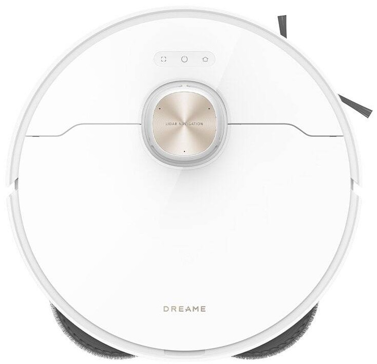 Biały odkurzacz robot Dreame. Na górze znajduje się urządzenie nawigacyjne Lidar.