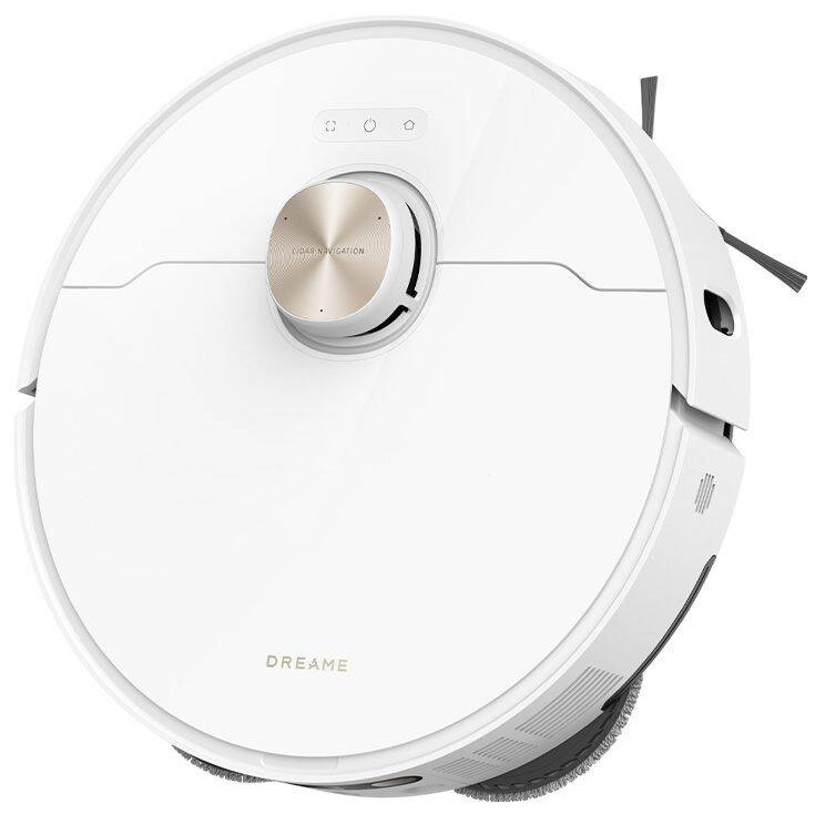 Biały robot odkurzający o okrągłym korpusie. Posiada system nawigacji LIDAR i czarną szczotkę z boku.