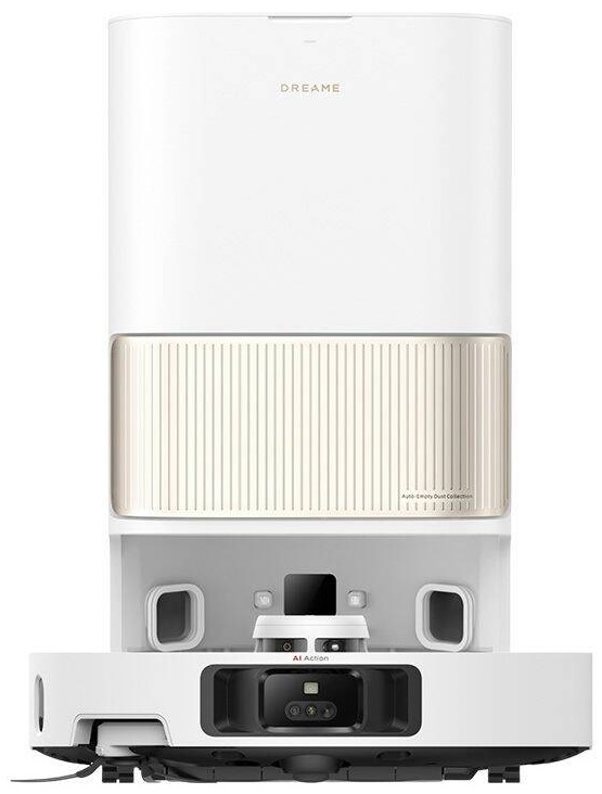 Biały odkurzacz robot Dreame. Ma wysoki, biały korpus.