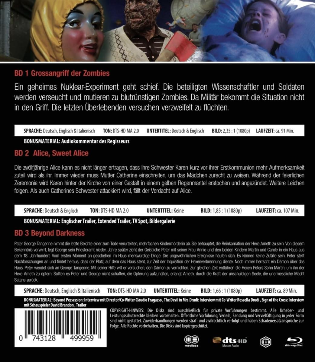 DVD-Hülle mit Text auf Deutsch, Italienisch und Englisch, Werbung für einen Zombiefilm.