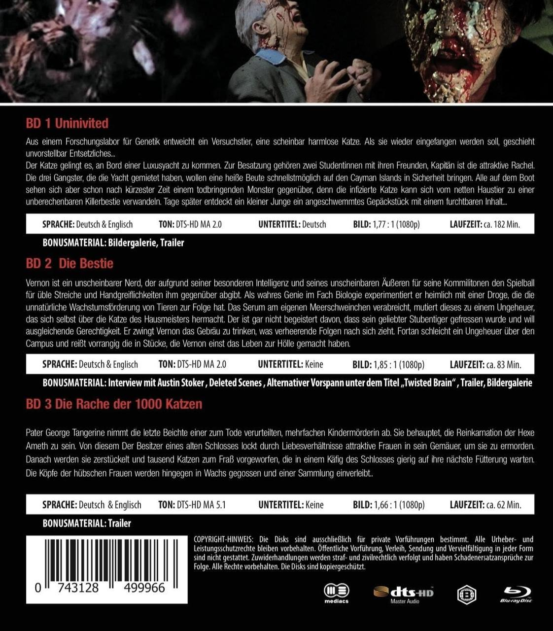 Filmposter mit deutschem Text. Es hat Bilder einer Katze und eines Mannes mit Blut.