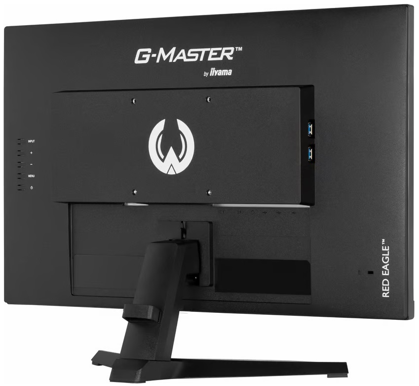 Tył czarnego monitora komputerowego z napisami 'G-MASTER' i 'RED EAGLE'.