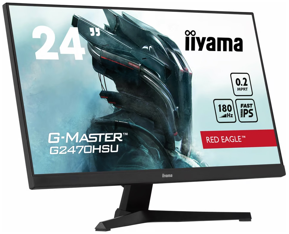 24-calowy czarny monitor komputera. Wyświetla czerwono-czarną grafikę z logo 'iiyama'.