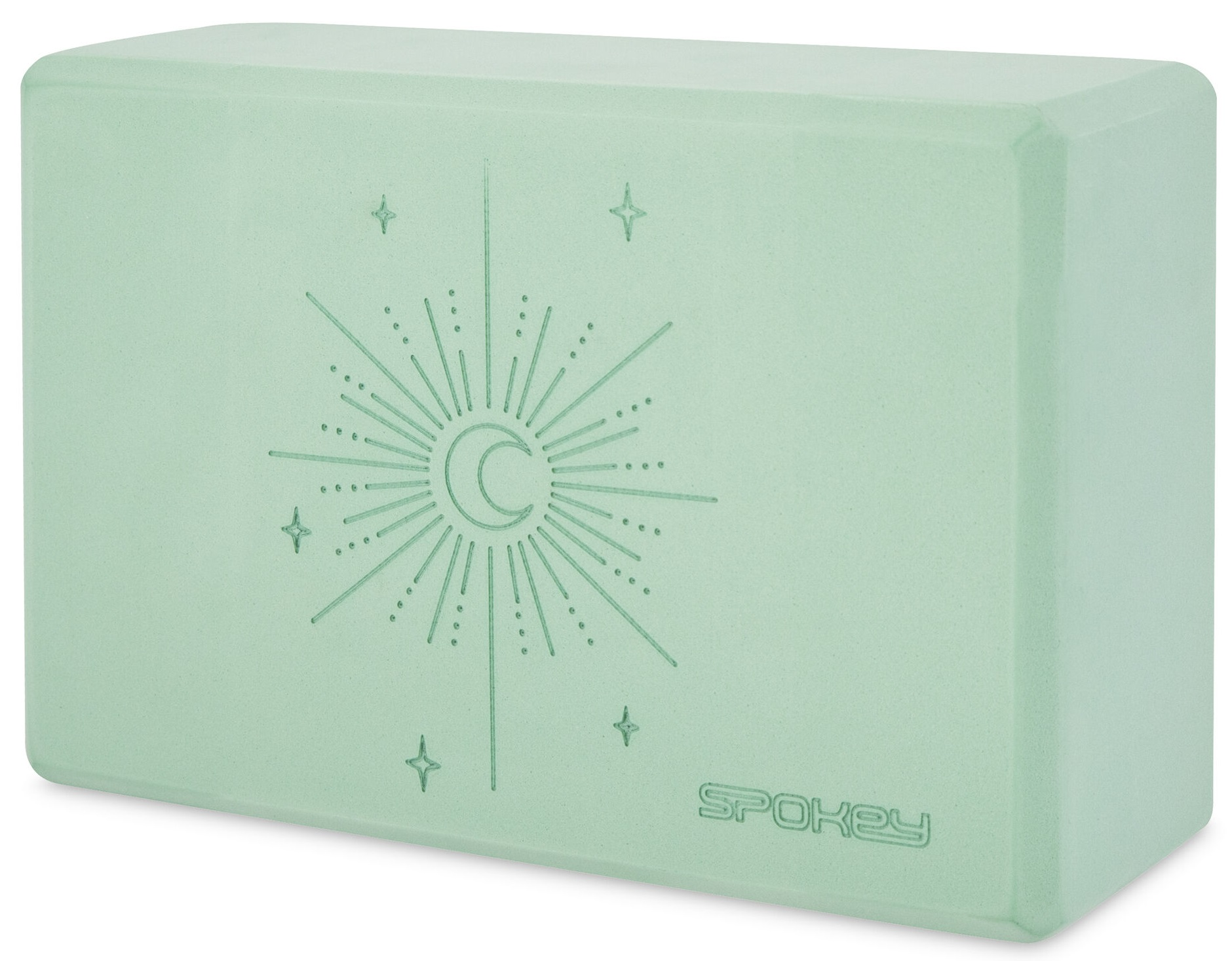 Miętowy klocek do jogi z wzorem gwiazdy i półksiężyca.