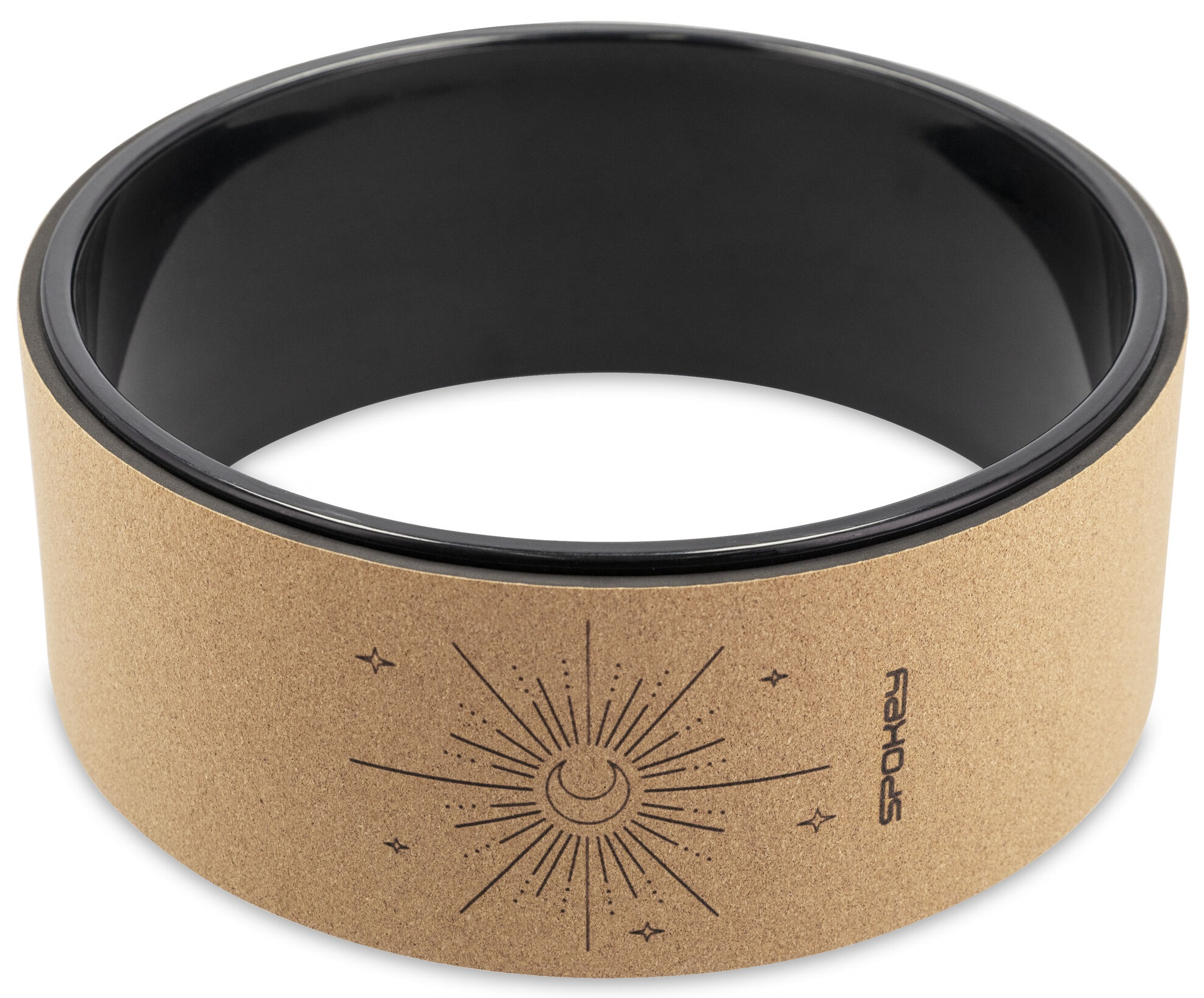 Koło do jogi z czarnym środkiem i brązową powierzchnią zewnętrzną z wzorem słońca i księżyca.