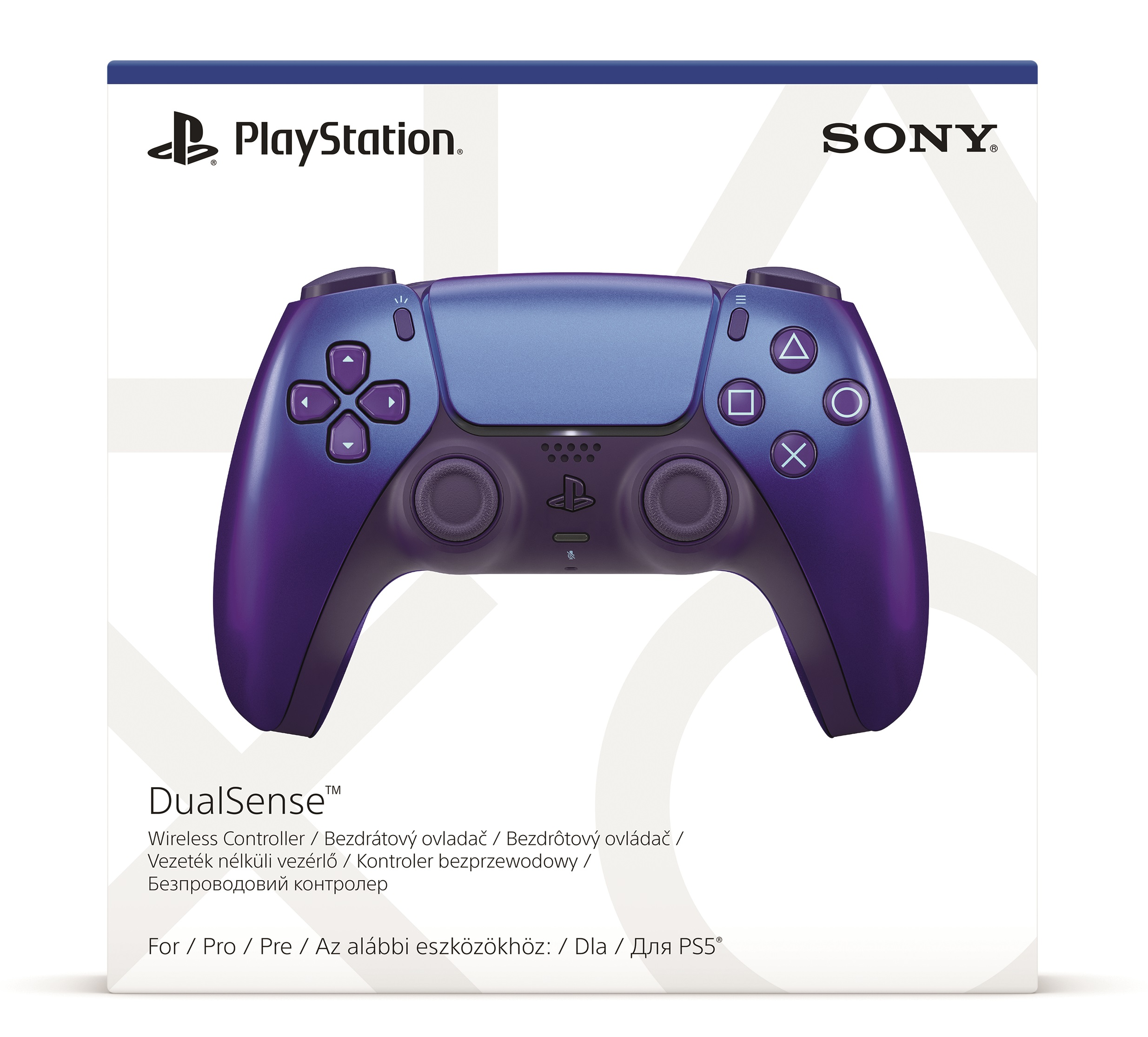 Kontroler PlayStation DualSense w pudełku, fioletowy i niebieski design.