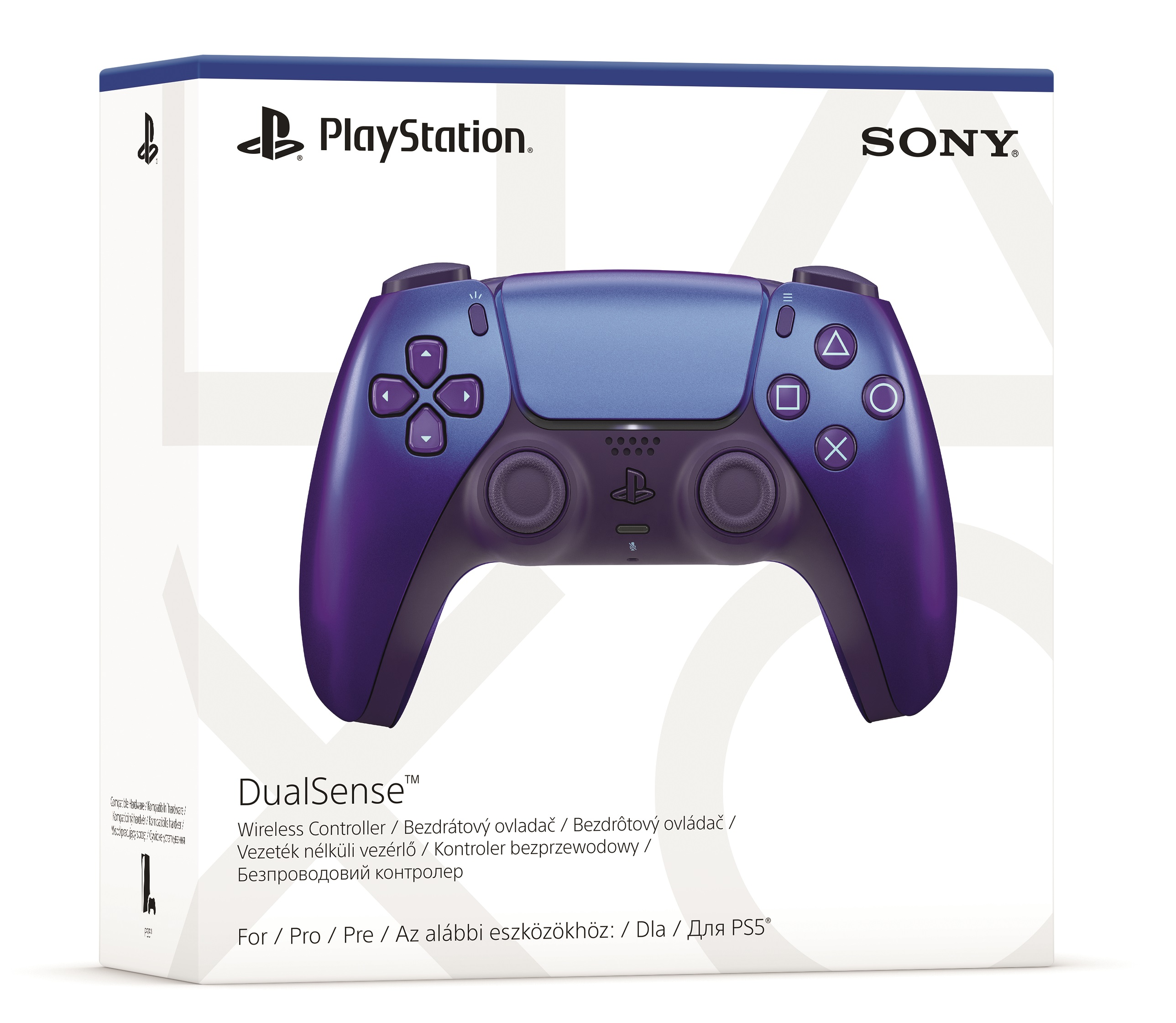 Kontroler Playstation DualSense w pudełku. Ma fioletowe kolory.