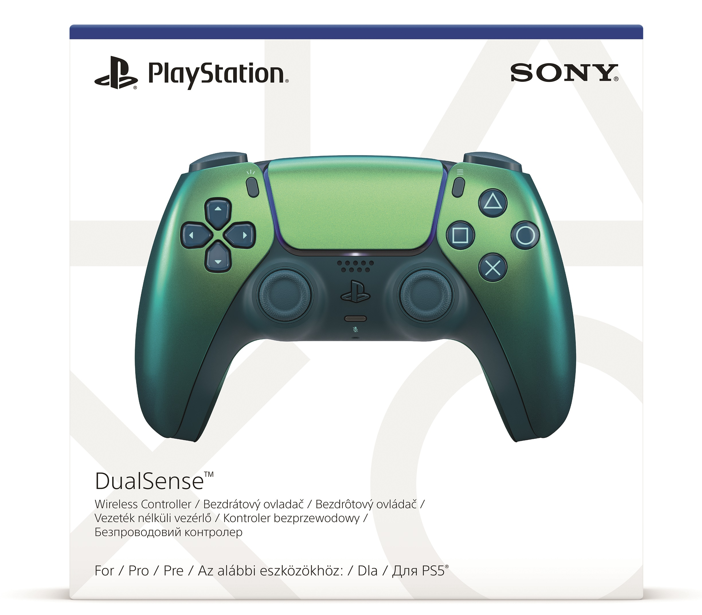 Kontroler PlayStation DualSense, zielono-turkusowy gradient, na białym pudełku.