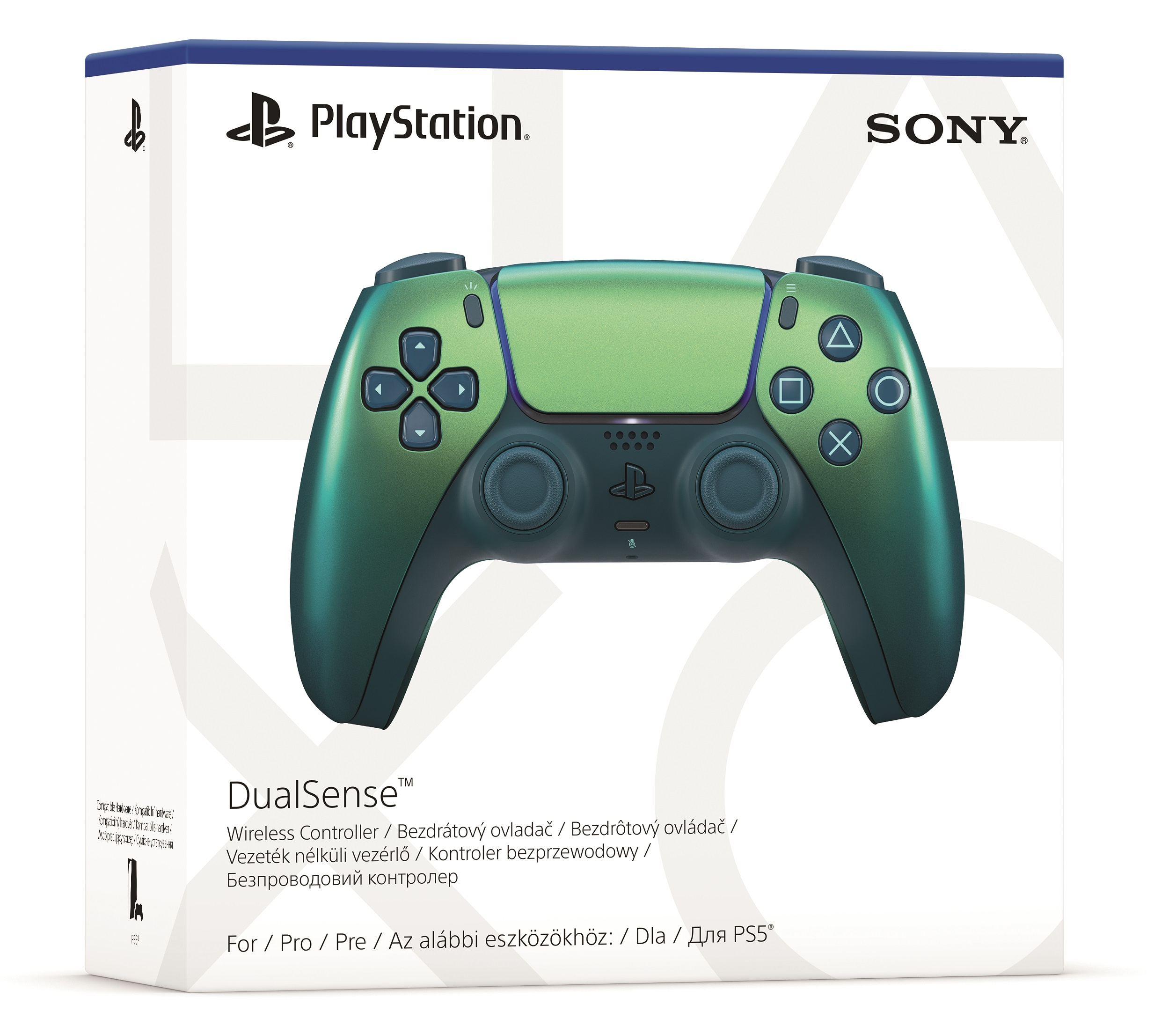 Kontroler DualSense PlayStation 5 w pudełku. Jest zielono-czarny.