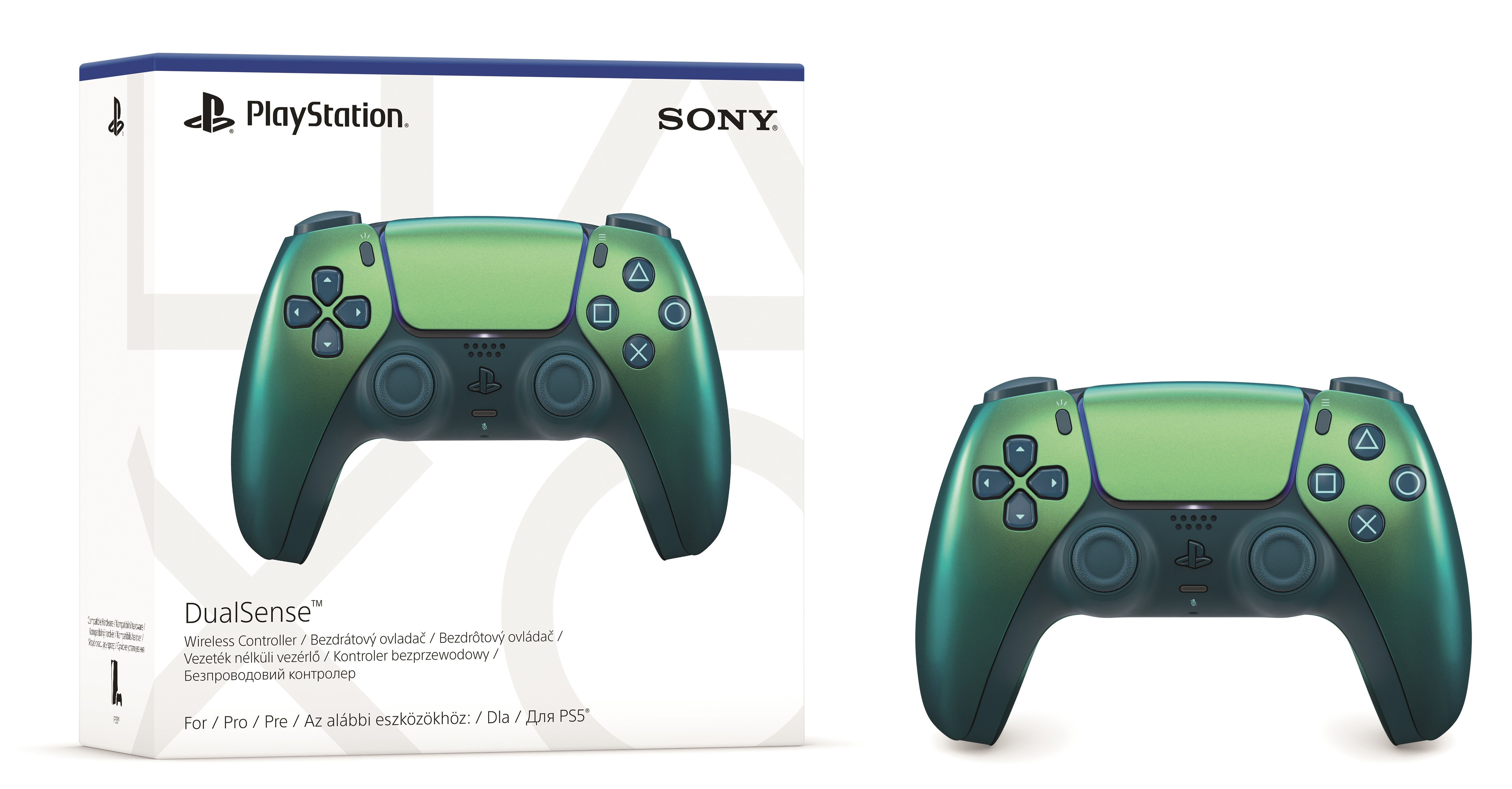 Kontroler PlayStation DualSense i jego pudełko. Kontroler jest zielono-czarny, z logo PlayStation.