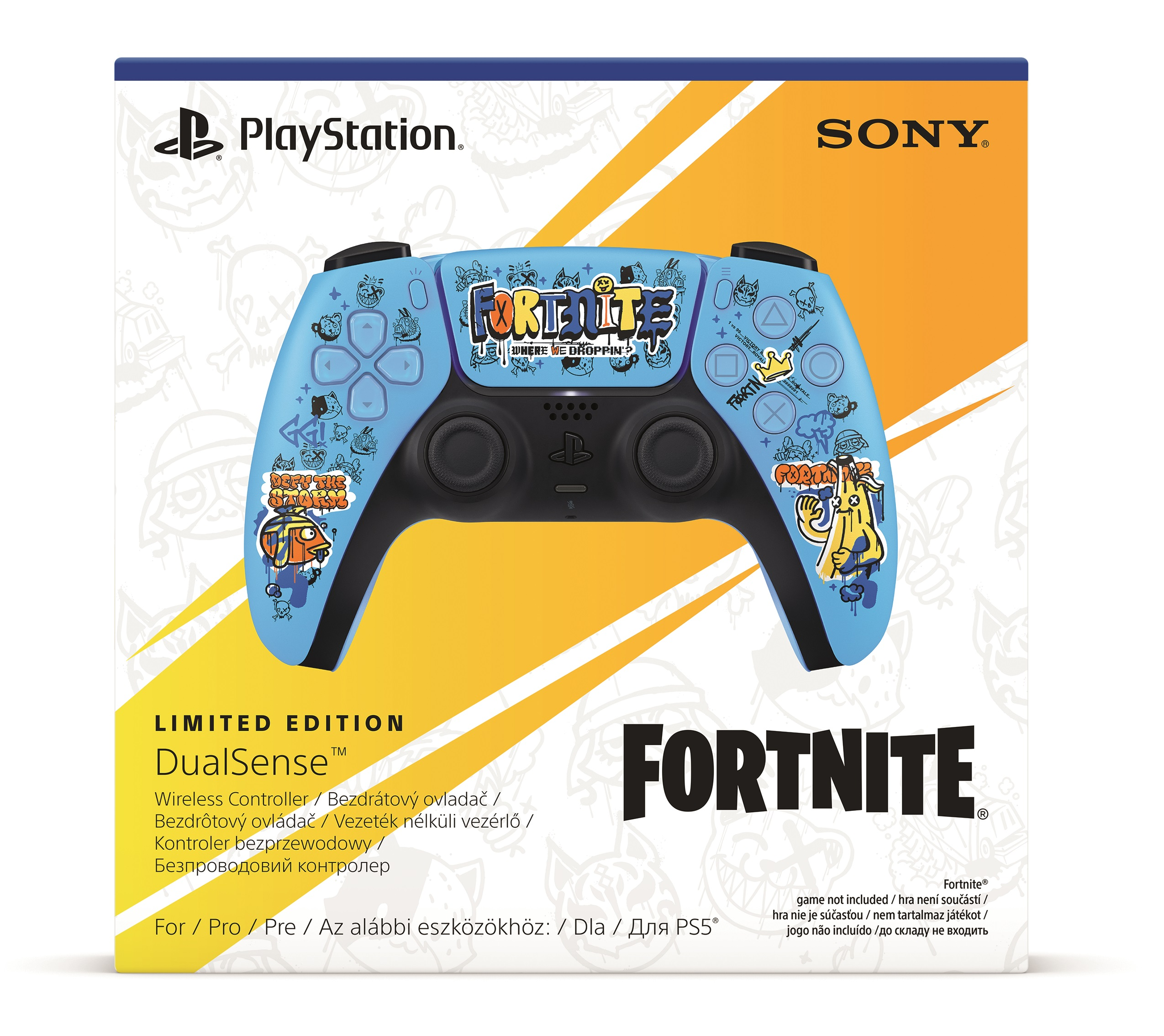 Kontroler DualSense PlayStation z motywem Fortnite w pudełku z logo i tekstem. Niebiesko-biały.