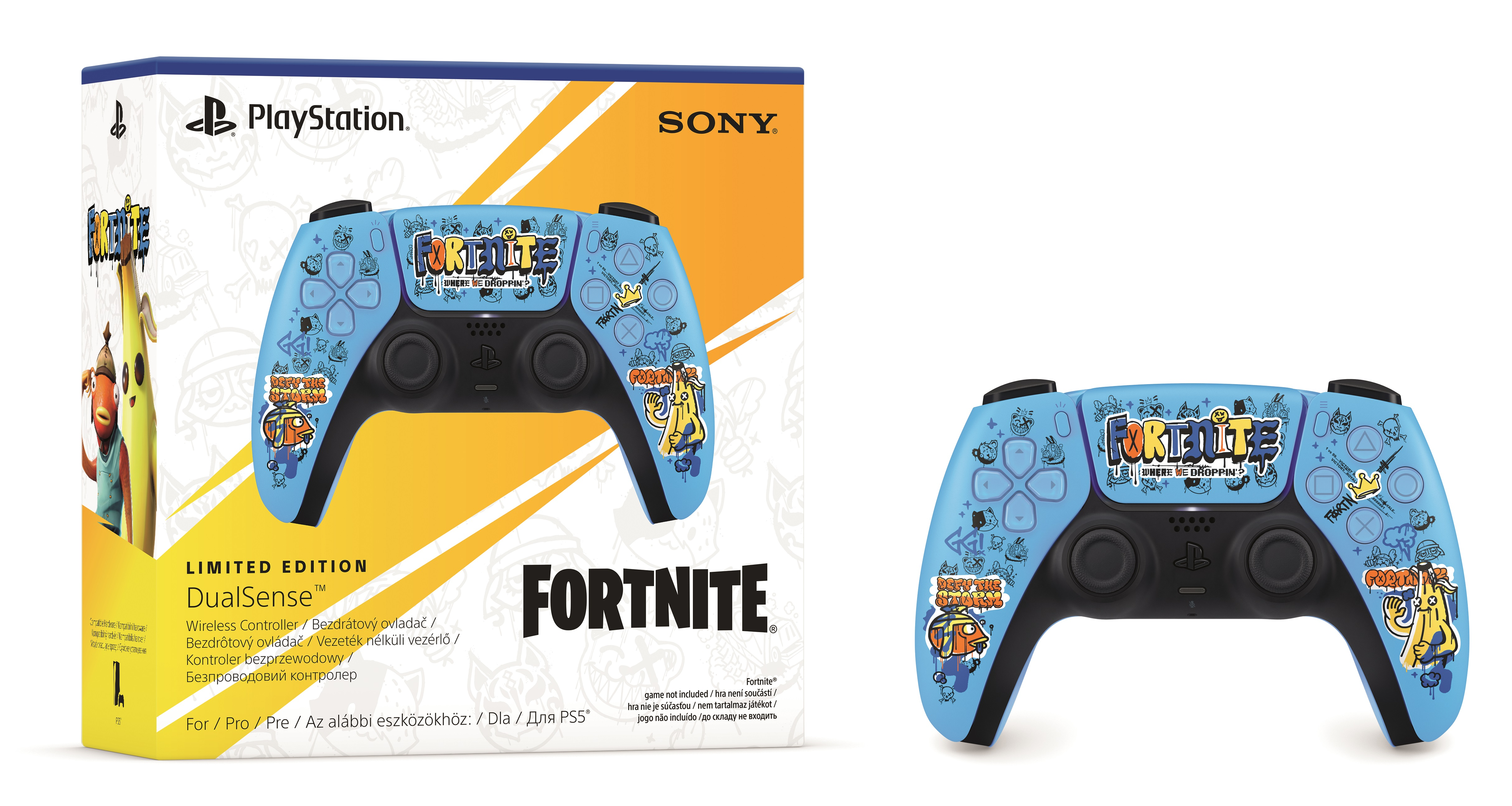 Kontroler DualSense Fortnite z pudełkiem, niebieski design i postacie Fortnite, gotowy do gry.
