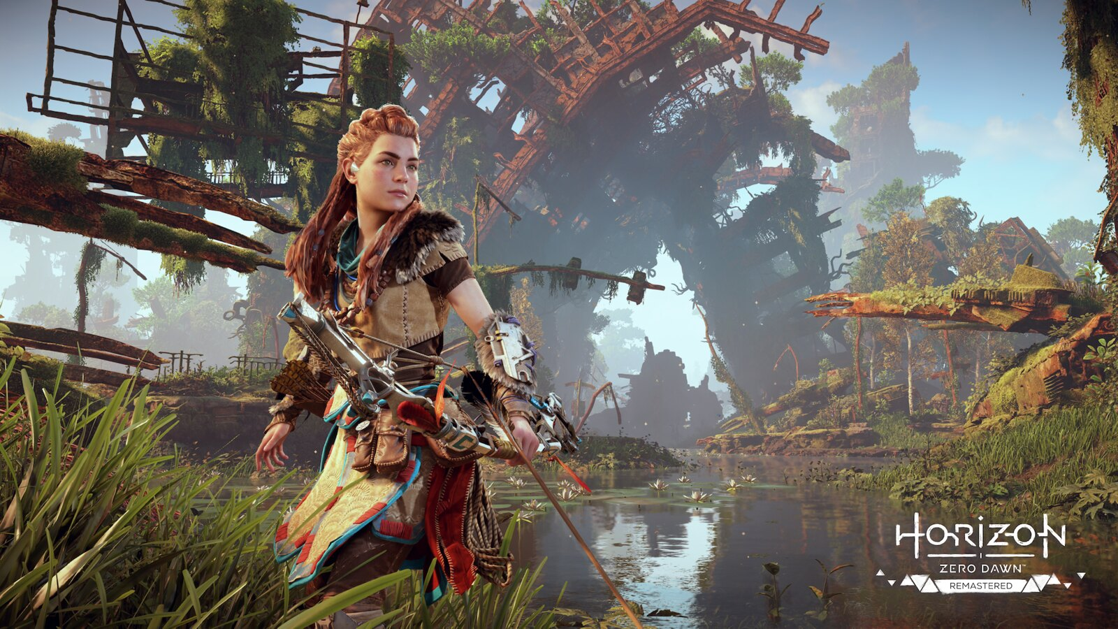 Kobieta z łukiem i strzałą w leśnej scenerii z gry Horizon Zero Dawn.