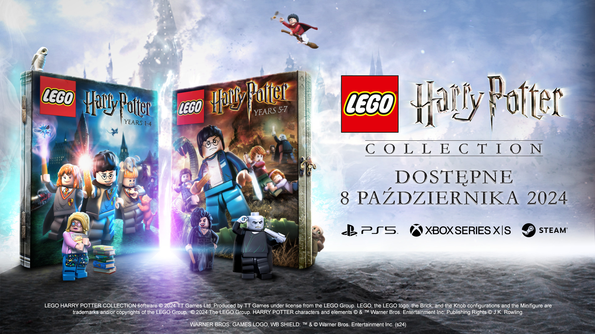 Pudełka z grą Lego Harry Potter z postaciami i tekstem na tle.