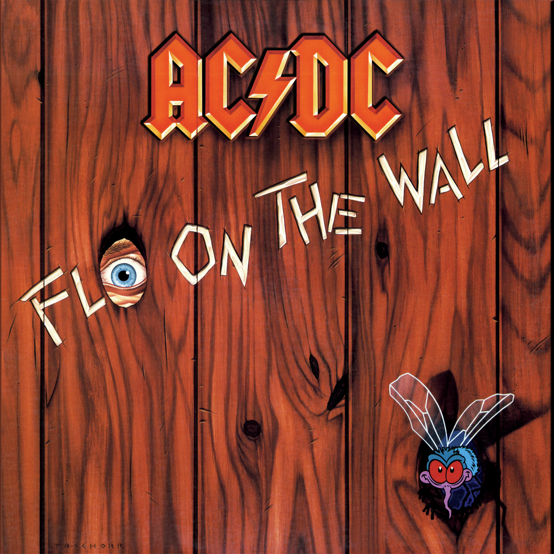 AC/DC 'Fly on the Wall' album borító: egy fa fal, egy légy és egy kukucskáló szem.