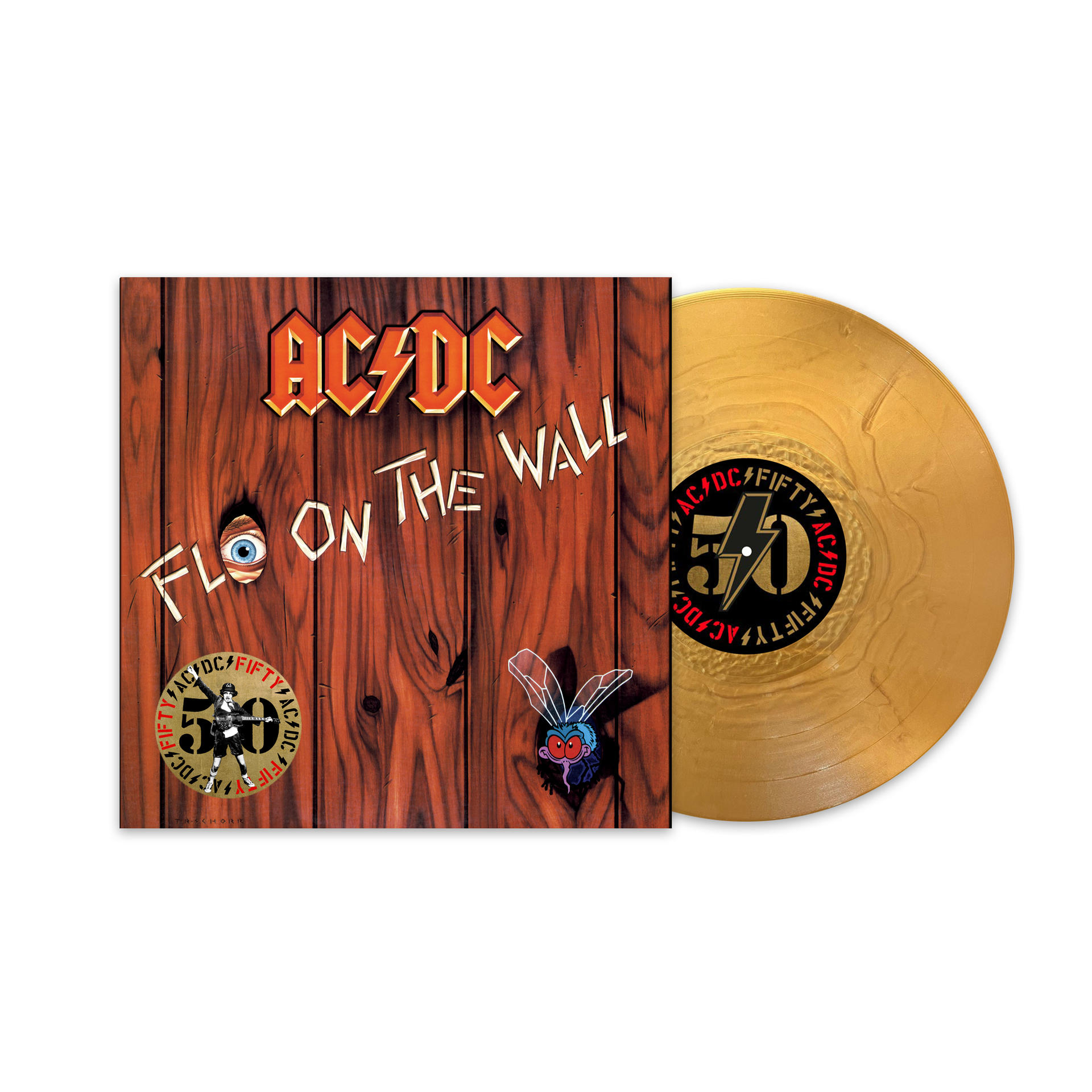 Az AC/DC 'Fly on the Wall' album borítója és arany vinyl lemez fehér háttérrel.
