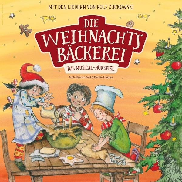 Cover eines Musical-Hörspiels. Drei Kinder backen Kekse. Weihnachtsbaum im Hintergrund.