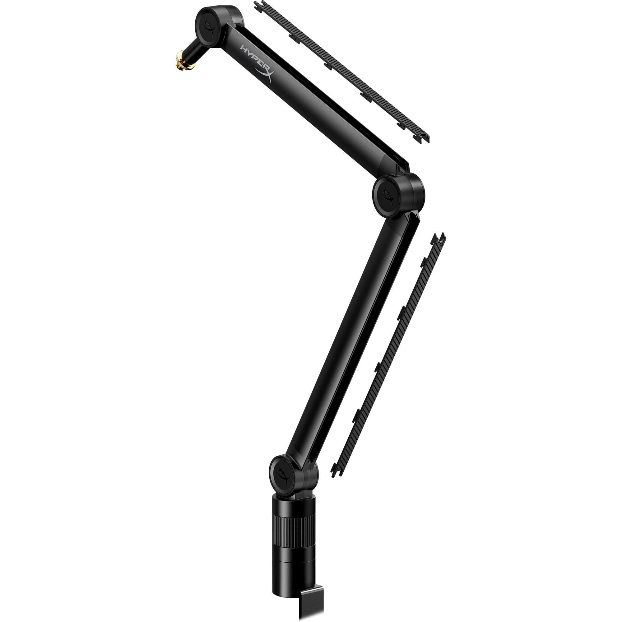 Schwarzer Mikrofon-Arm, bewegliches Design. HyperX-Logo sichtbar. Weißer Hintergrund.