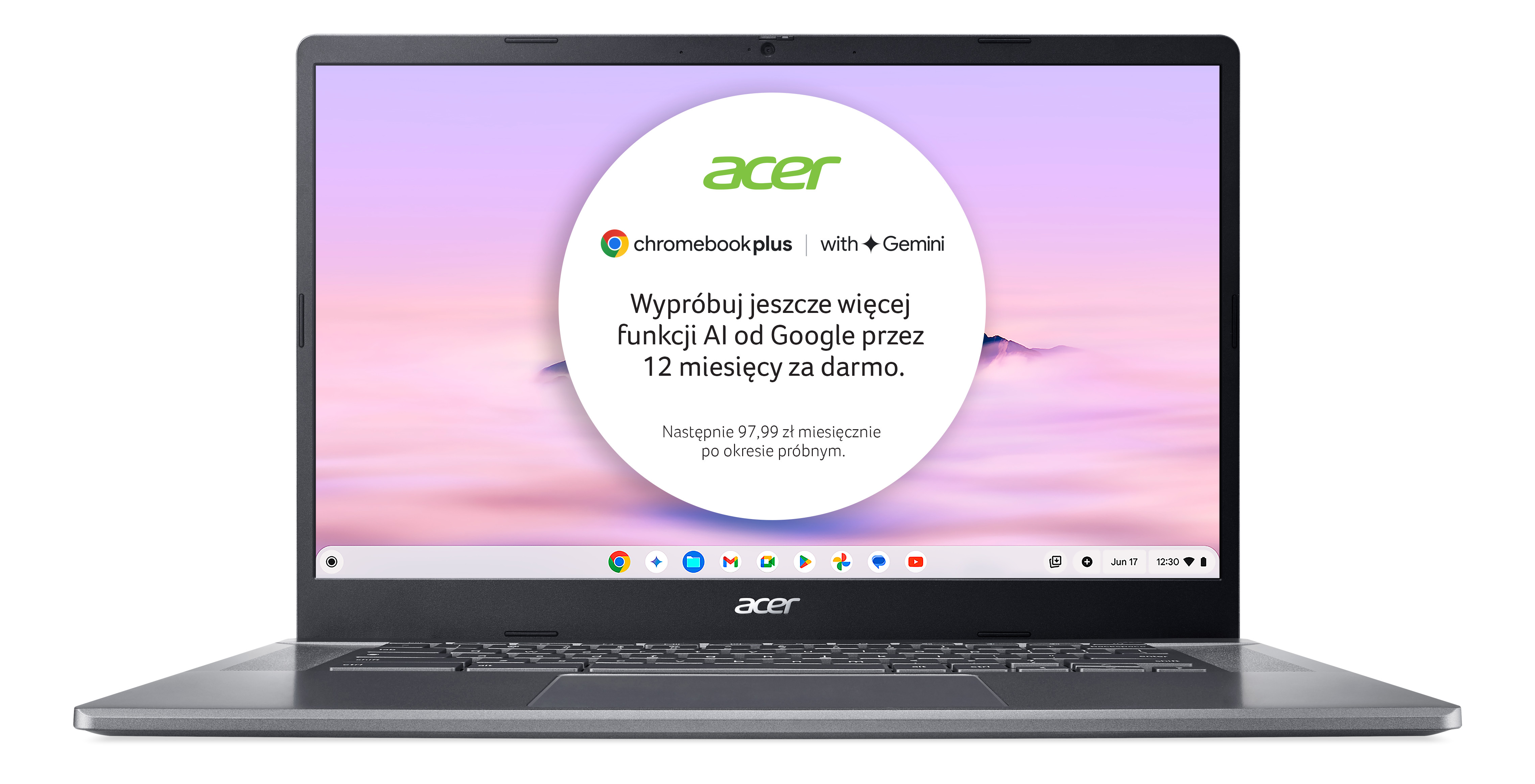 Ekran laptopa wyświetlający reklamę Acer z ofertą Gemini AI.