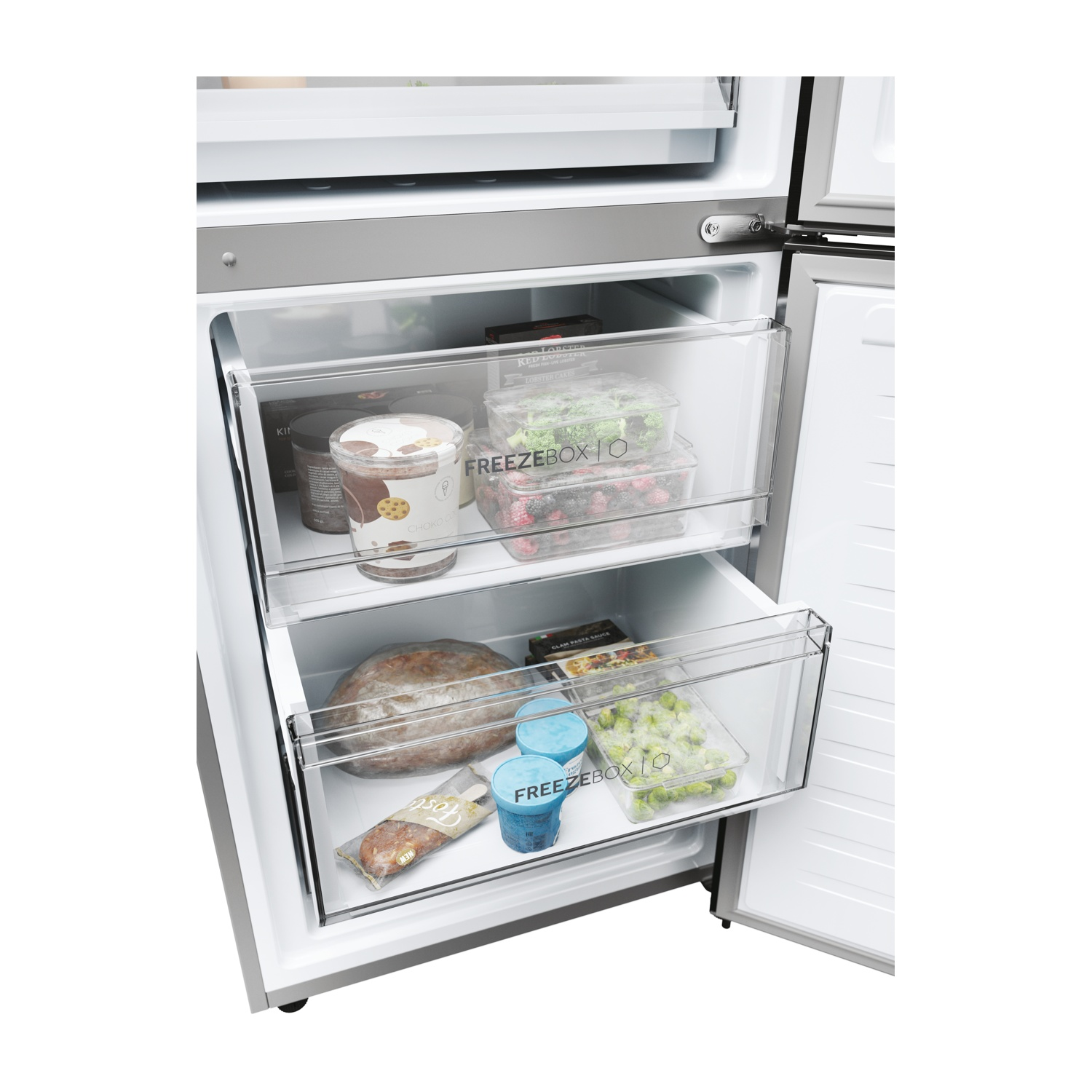 Frigorifero aperto con cassetti congelatore. All'interno: contenitori per alimenti con cibo e gelato.
