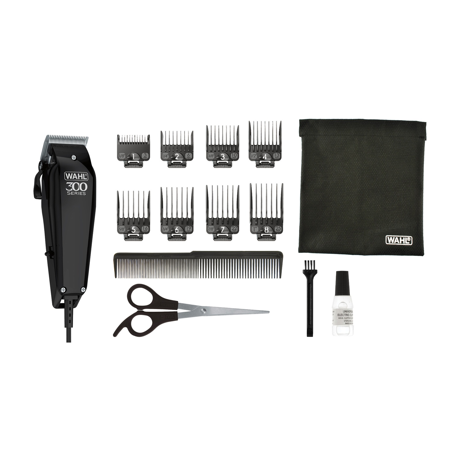 Kit tagliacapelli nero Wahl serie 300 con attacchi e accessori.