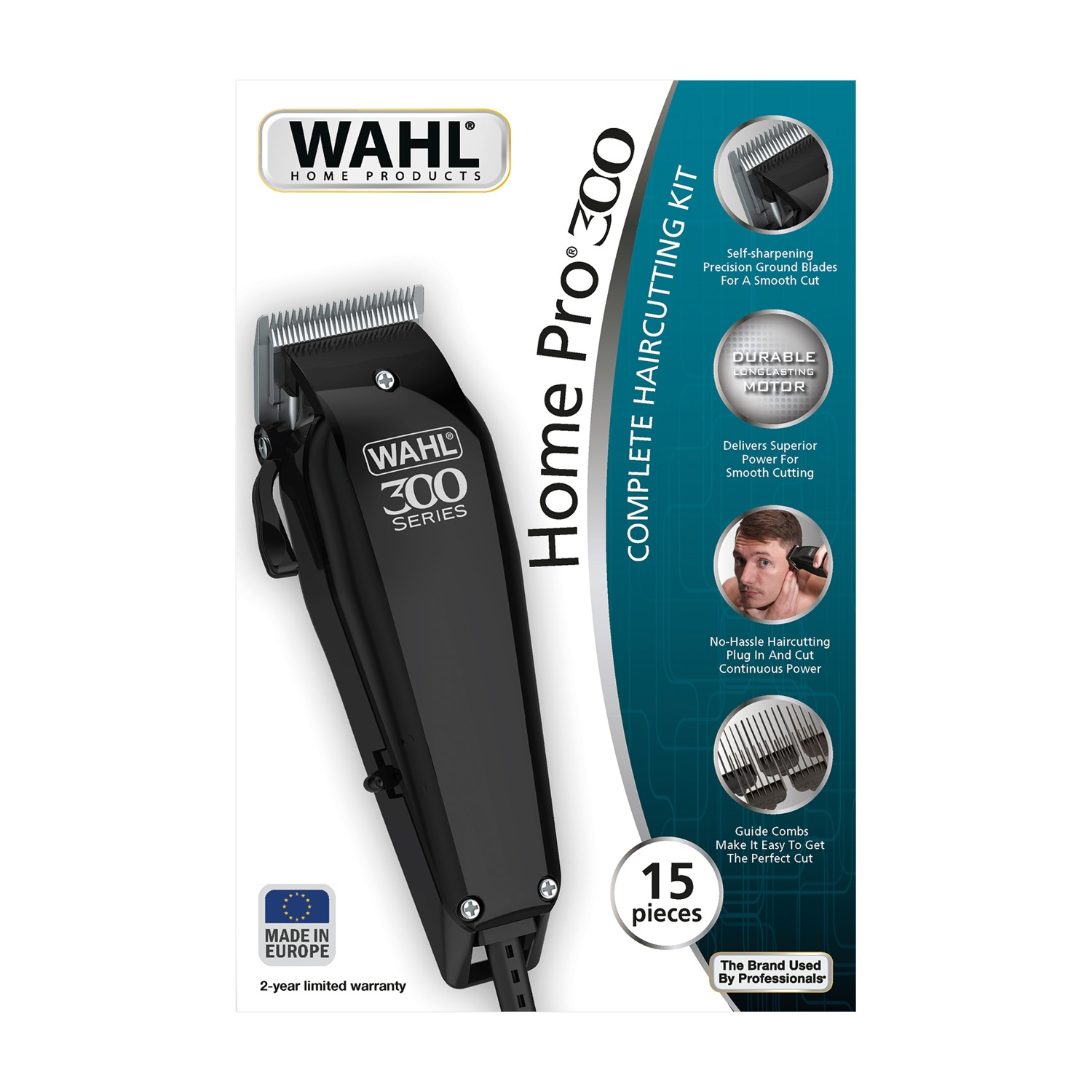 Tosatrice per capelli Wahl nera con cavo, su superficie bianca, con testo e loghi.