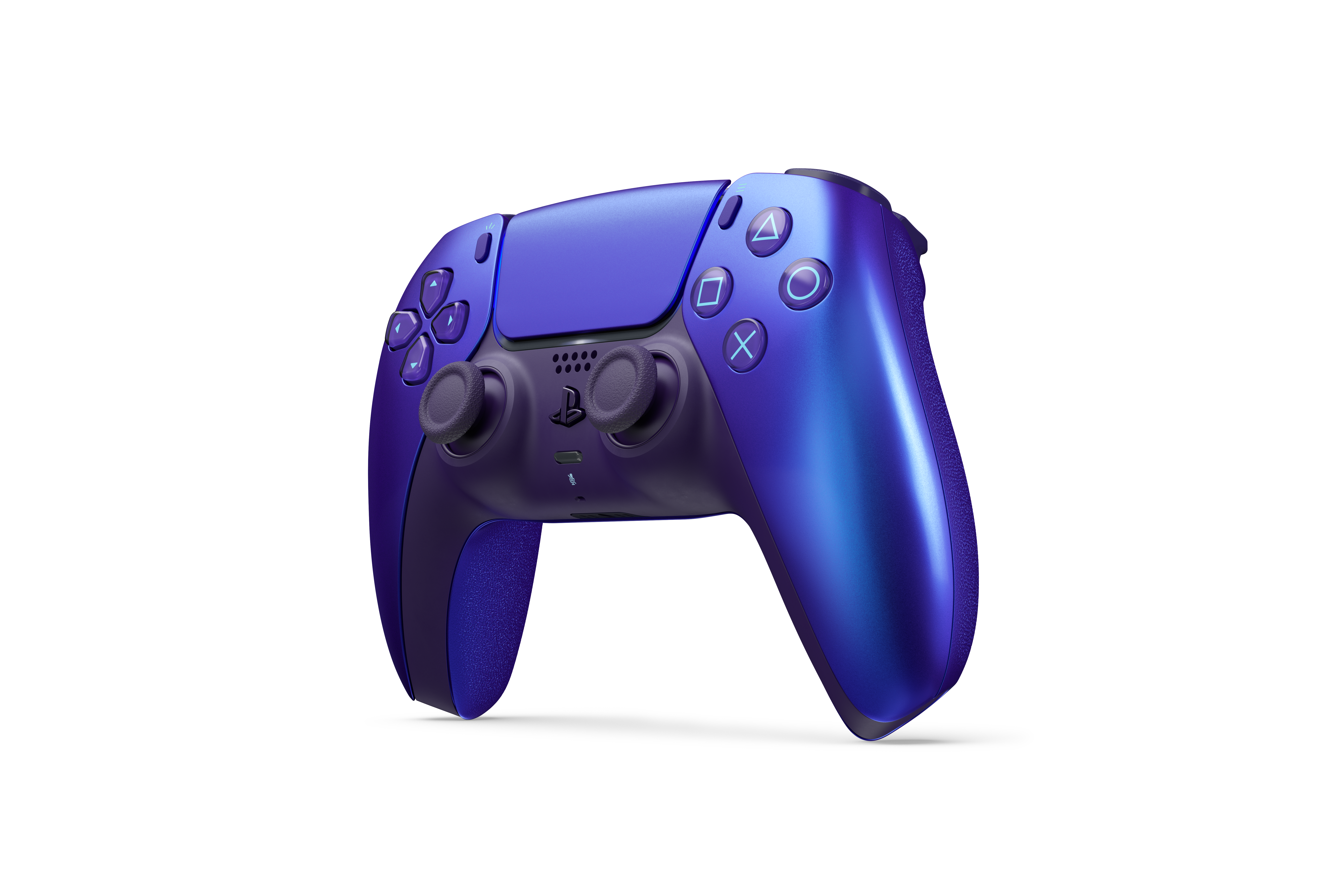 Ein blauer PlayStation 5-Controller auf weißem Hintergrund. Er hat Knöpfe und Joysticks.