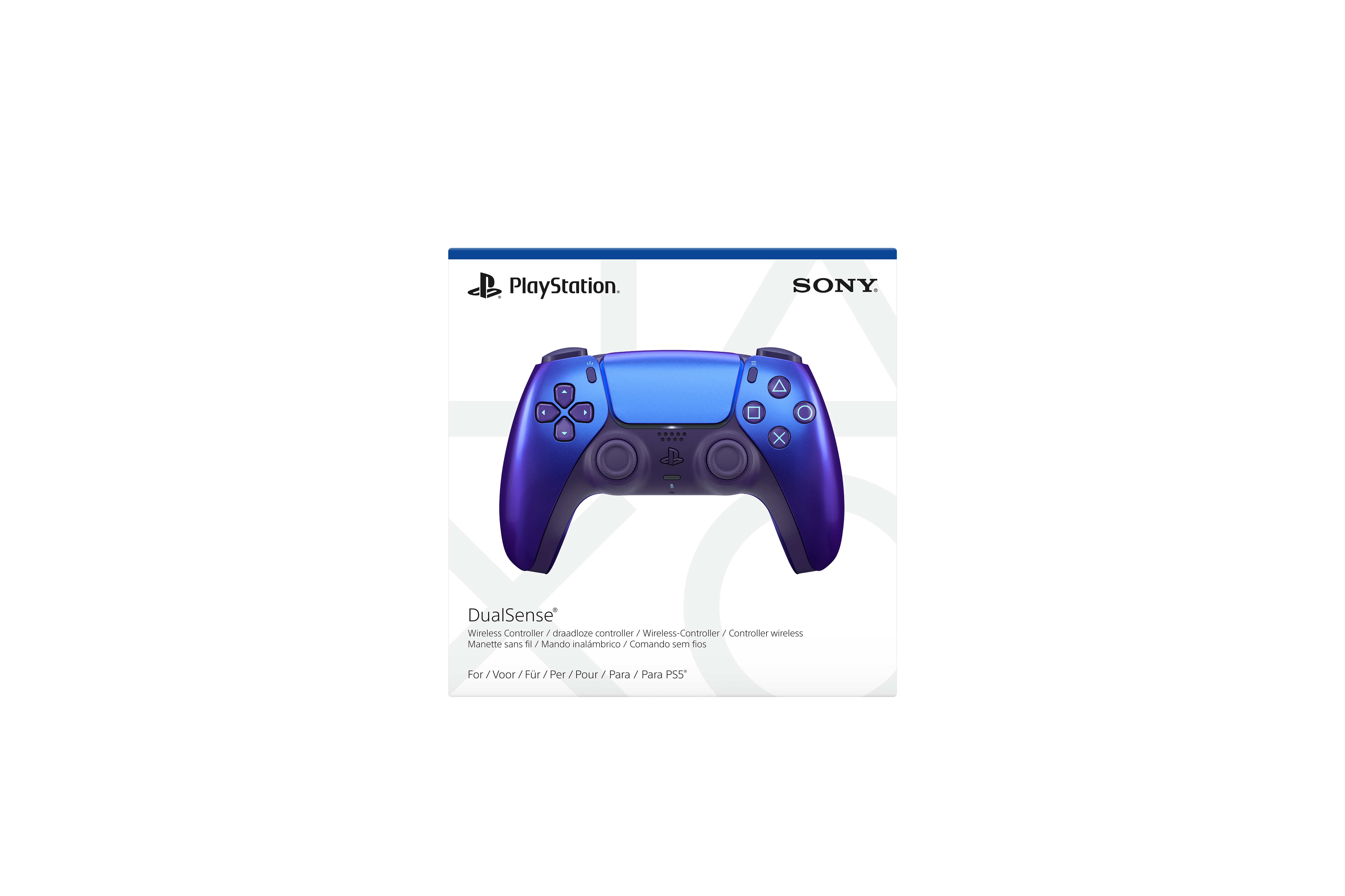 Blauer PlayStation DualSense-Controller auf weißem Hintergrund. Sony- und PlayStation-Logo sichtbar.