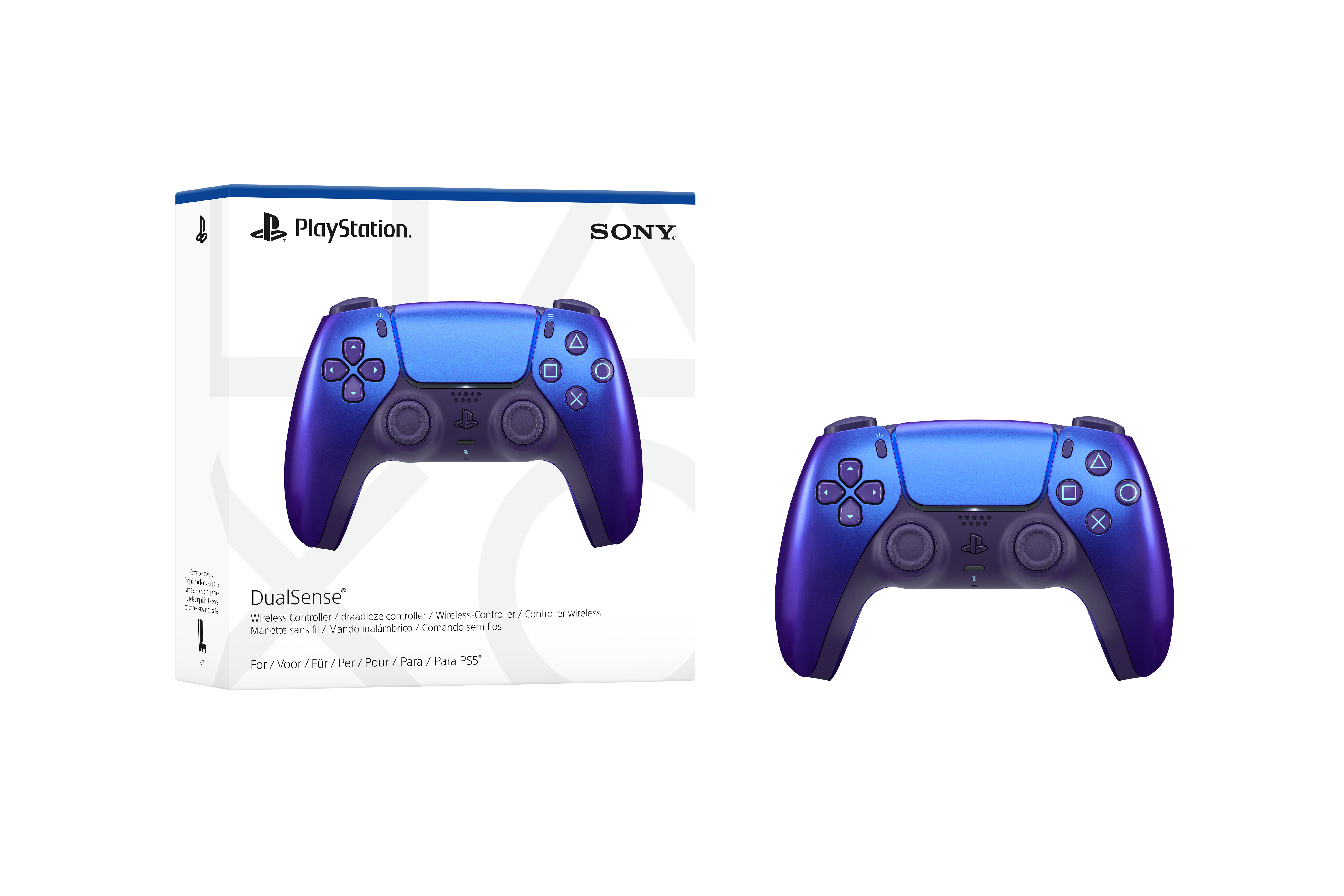 Ein blau-violetter Playstation DualSense-Controller mit Verpackung.