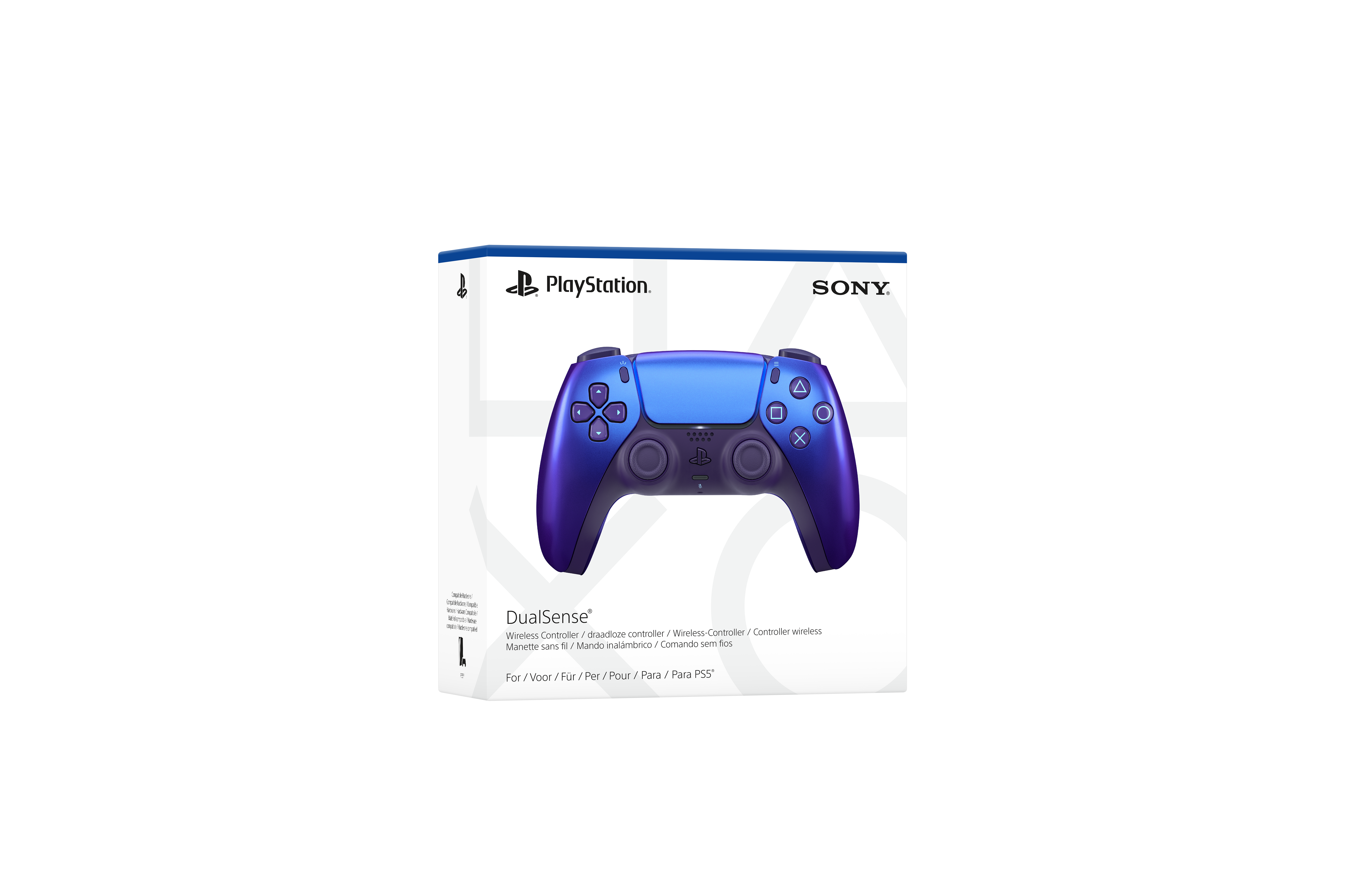 Ein blau-violetter Playstation Dualsense Controller in seiner Box auf schwarzem Hintergrund.