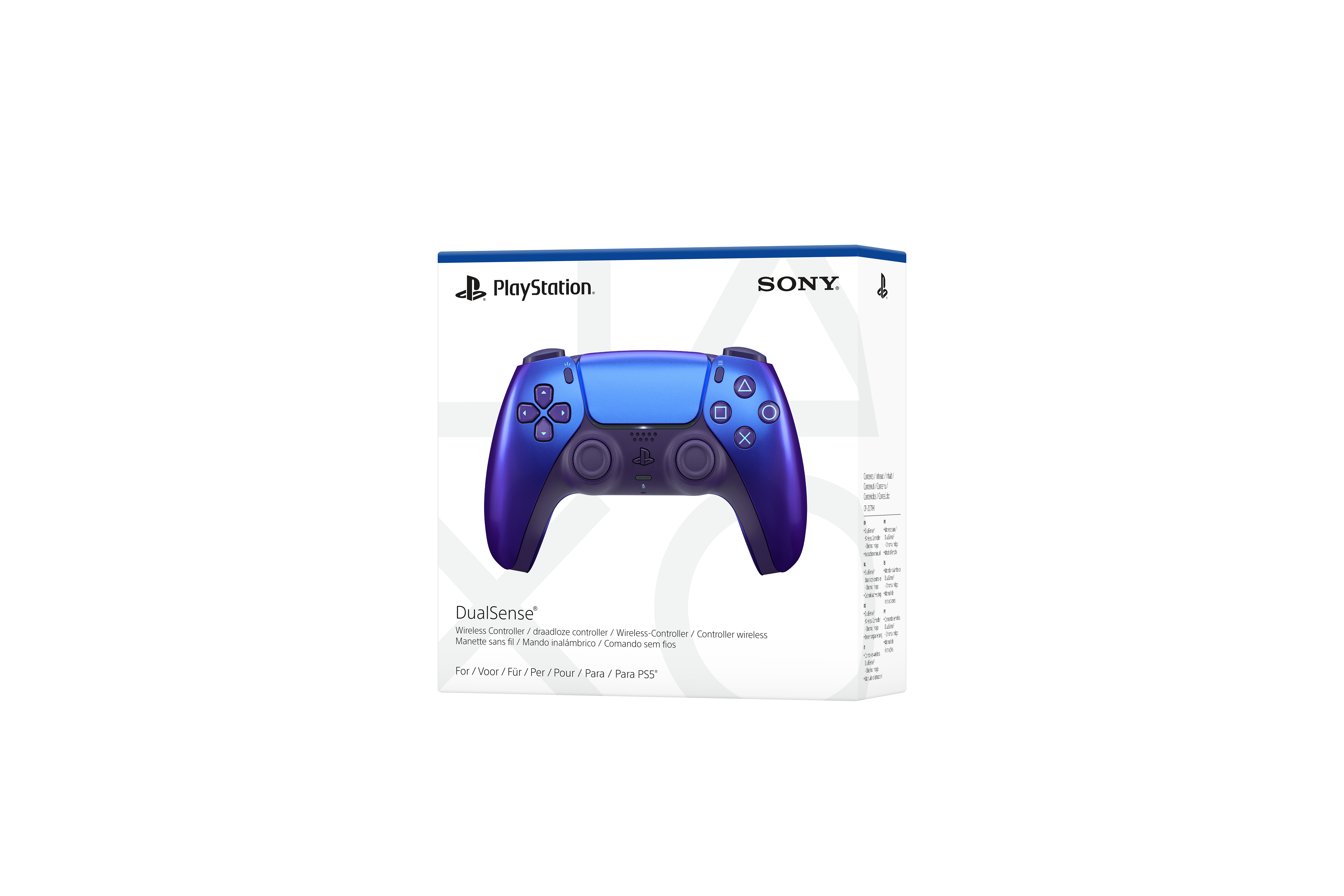 Ein blau-violetter PlayStation DualSense-Controller in einer weißen Box auf schwarzem Hintergrund.