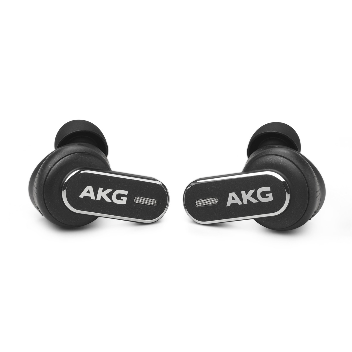 Black earbuds with AKG logo, isolated on white background.