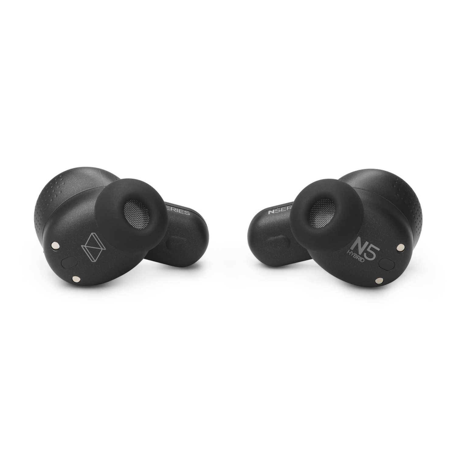 Two black wireless earbuds with a charging case, set against a white background.