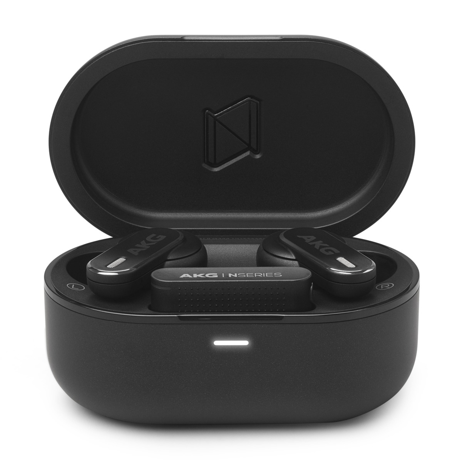 Earbuds in a black case with the brand AKG.